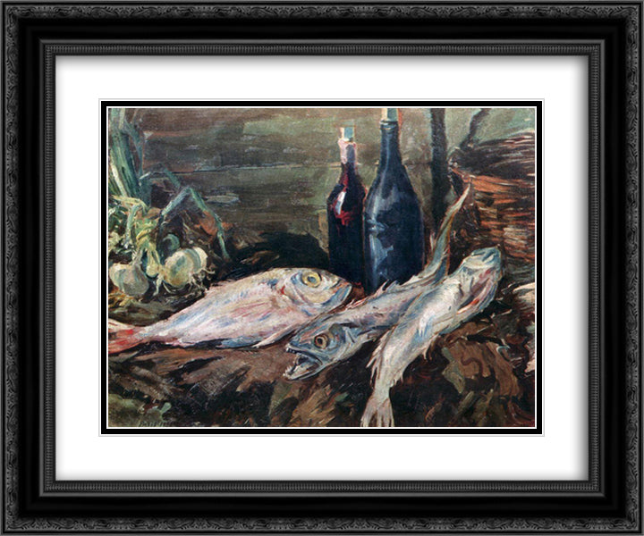 Still life with fish 24x20 Black Ornate Wood Framed Art Print Poster with Double Matting by Korovin, Konstantin