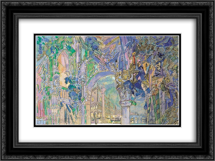 The Curtain Sketch of the play La Ronde des Heures 24x18 Black Ornate Wood Framed Art Print Poster with Double Matting by Korovin, Konstantin