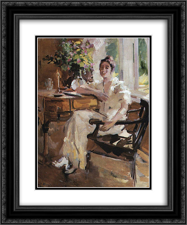 The lady on the chair 20x24 Black Ornate Wood Framed Art Print Poster with Double Matting by Korovin, Konstantin