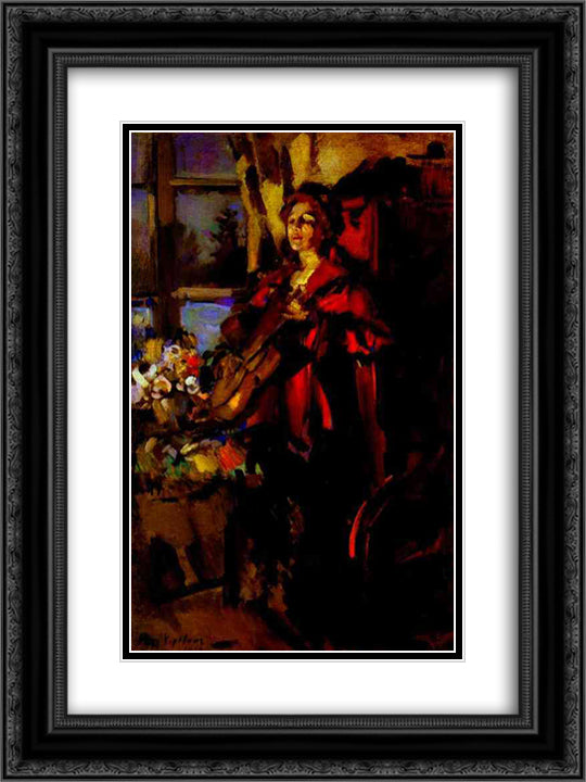 Woman with Guitar 18x24 Black Ornate Wood Framed Art Print Poster with Double Matting by Korovin, Konstantin