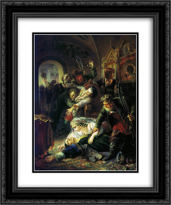 Dmitri the Pretender's agents murder the Son of Boris Godunov 20x24 Black Ornate Wood Framed Art Print Poster with Double Matting by Makovsky, Konstantin