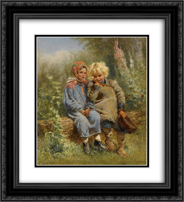 Peasant Children at rest 20x22 Black Ornate Wood Framed Art Print Poster with Double Matting by Makovsky, Konstantin