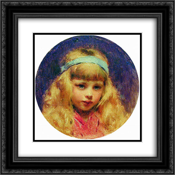 Portrait of the Girl with a Blue Ribbon in a Hair 20x20 Black Ornate Wood Framed Art Print Poster with Double Matting by Makovsky, Konstantin