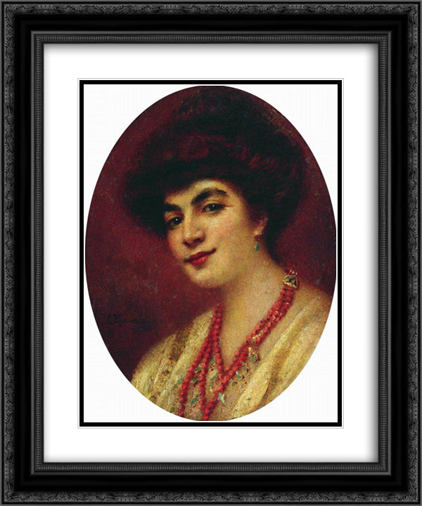 Portrait of the Woman with Coral Beads 20x24 Black Ornate Wood Framed Art Print Poster with Double Matting by Makovsky, Konstantin