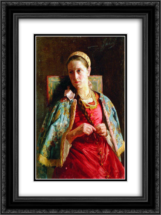 Portrait of the Young Lady in Russian Costume 18x24 Black Ornate Wood Framed Art Print Poster with Double Matting by Makovsky, Konstantin