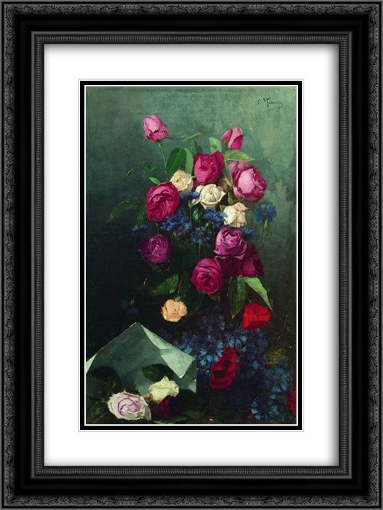 Still Life with Roses and Knapweeds 18x24 Black Ornate Wood Framed Art Print Poster with Double Matting by Makovsky, Konstantin