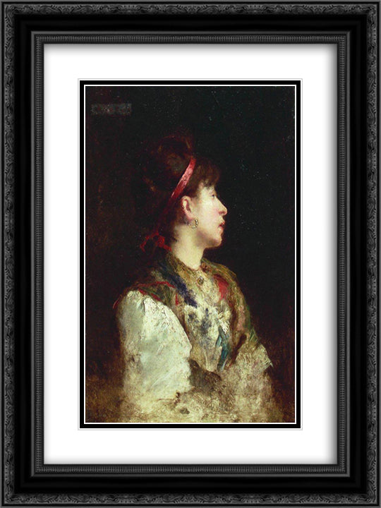 The girl with the red ribbon 18x24 Black Ornate Wood Framed Art Print Poster with Double Matting by Makovsky, Konstantin
