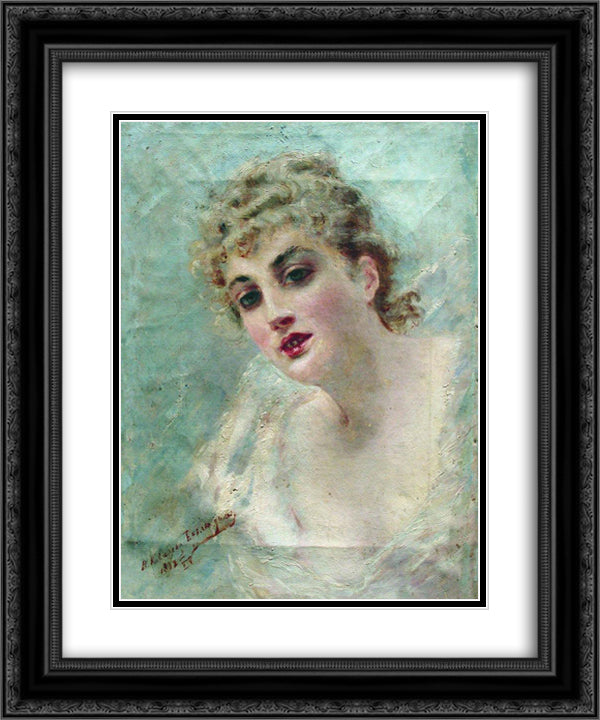 Woman Head (Portrait of E.Kovaliova) 20x24 Black Ornate Wood Framed Art Print Poster with Double Matting by Makovsky, Konstantin