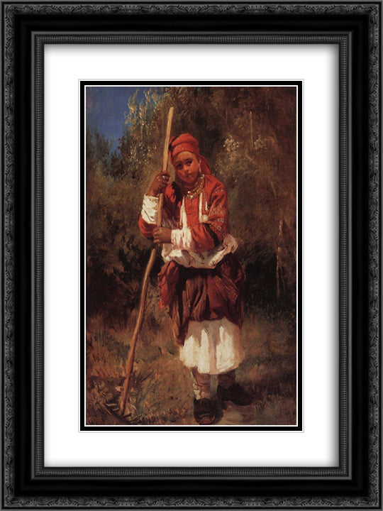 Woman with Rake 18x24 Black Ornate Wood Framed Art Print Poster with Double Matting by Makovsky, Konstantin