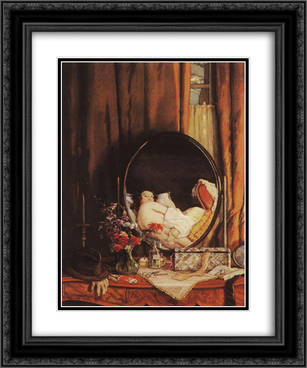 Intimate Reflection in the Mirror on the Dressing Table 20x24 Black Ornate Wood Framed Art Print Poster with Double Matting by Somov, Konstantin