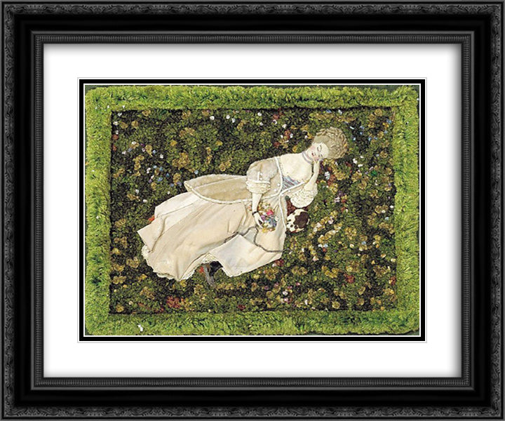 Lady with the Dog, Relaxing on the Lawn 24x20 Black Ornate Wood Framed Art Print Poster with Double Matting by Somov, Konstantin