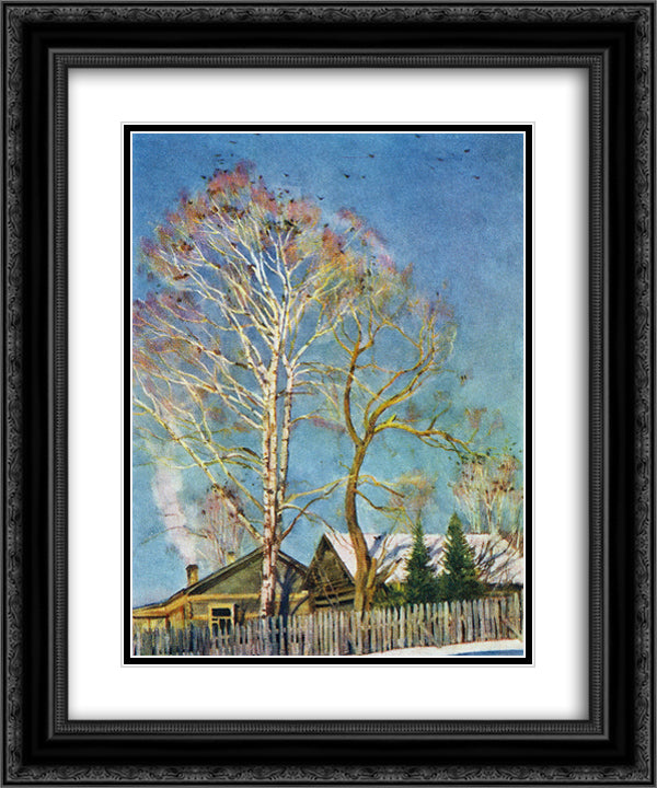 Blue morning. Rooks on the birches. Ligachevo 20x24 Black Ornate Wood Framed Art Print Poster with Double Matting by Yuon, Konstantin