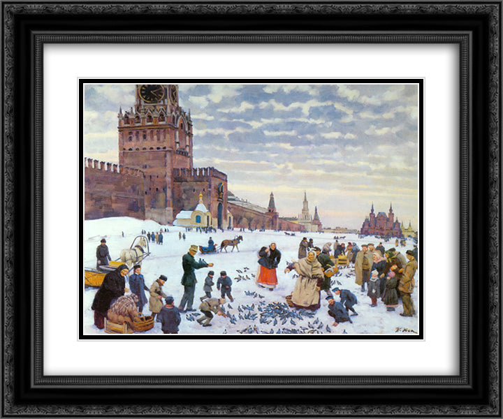 Feeding pigeons in Red Square in the years 1890 - 1900 24x20 Black Ornate Wood Framed Art Print Poster with Double Matting by Yuon, Konstantin