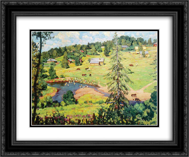 July. Bathing 24x20 Black Ornate Wood Framed Art Print Poster with Double Matting by Yuon, Konstantin
