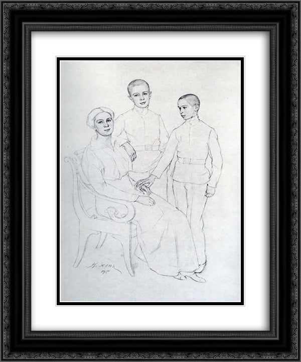 The Family Portrait (Klavdiya Yuon, artist's wife, and sons Boris and Igor) 20x24 Black Ornate Wood Framed Art Print Poster with Double Matting by Yuon, Konstantin