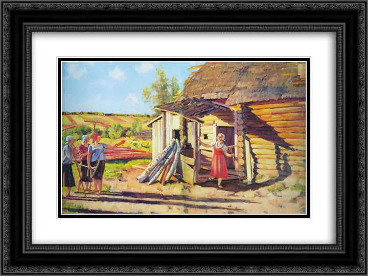 The first collective farmers. In the rays of of the sun. Podolina. Mosk. reg. 24x18 Black Ornate Wood Framed Art Print Poster with Double Matting by Yuon, Konstantin