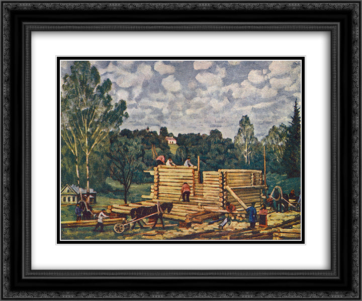 The Housebuilding 24x20 Black Ornate Wood Framed Art Print Poster with Double Matting by Yuon, Konstantin