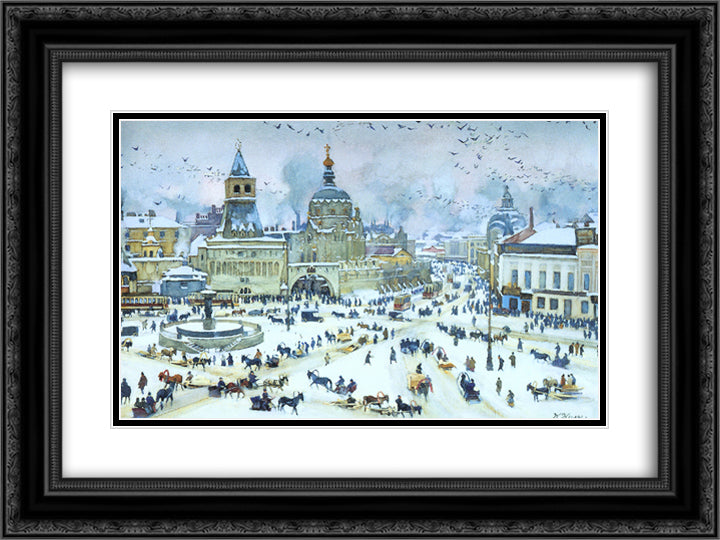 The Lubyanskaya Square in Winter 24x18 Black Ornate Wood Framed Art Print Poster with Double Matting by Yuon, Konstantin