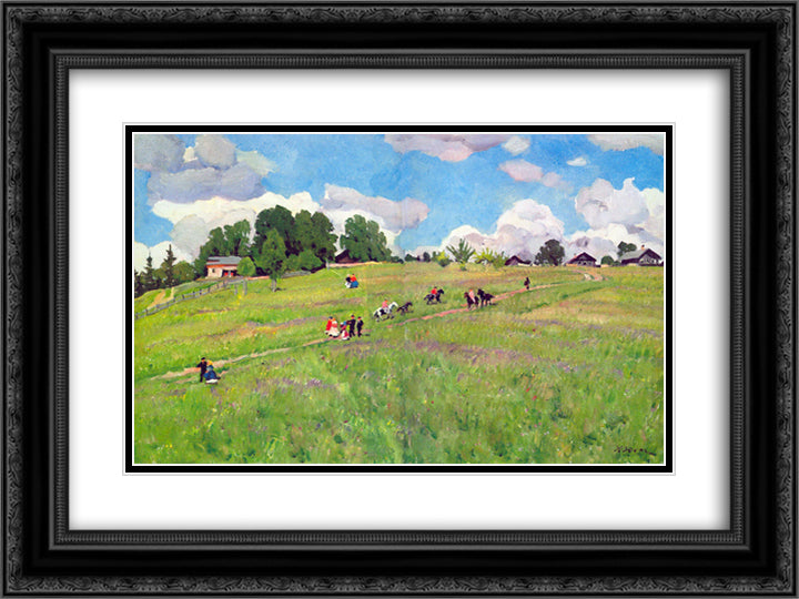 The Rural Holiday. On The Hill. Ligachrvo 24x18 Black Ornate Wood Framed Art Print Poster with Double Matting by Yuon, Konstantin