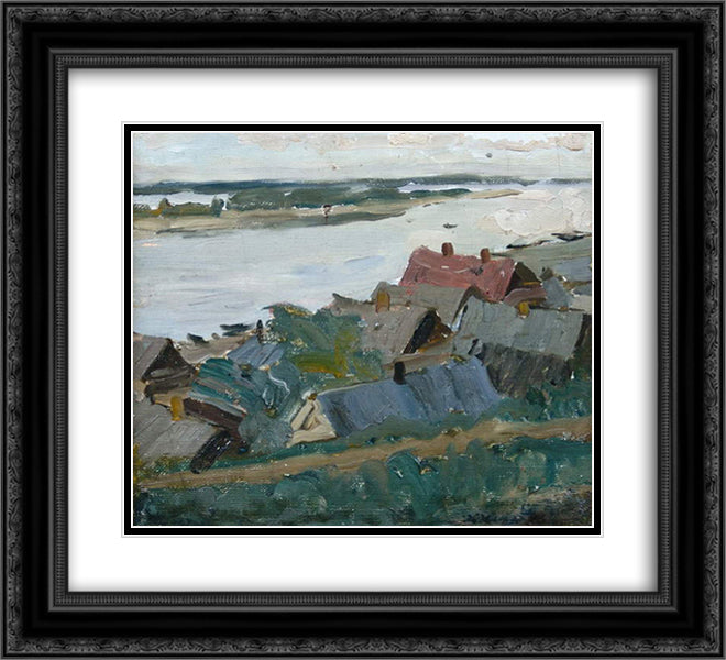 The Village on The River 22x20 Black Ornate Wood Framed Art Print Poster with Double Matting by Yuon, Konstantin