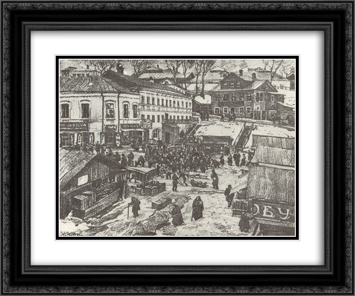 Torzhok. The Red Market Outside 24x20 Black Ornate Wood Framed Art Print Poster with Double Matting by Yuon, Konstantin