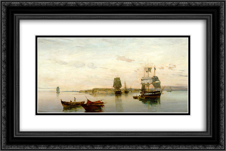 Anchored boats 24x16 Black Ornate Wood Framed Art Print Poster with Double Matting by Volanakis, Konstantinos