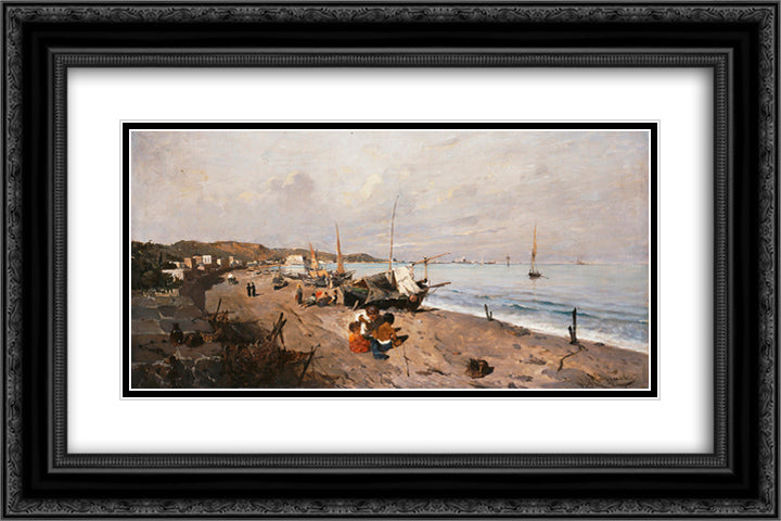 Boats and Children on the Beach 24x16 Black Ornate Wood Framed Art Print Poster with Double Matting by Volanakis, Konstantinos