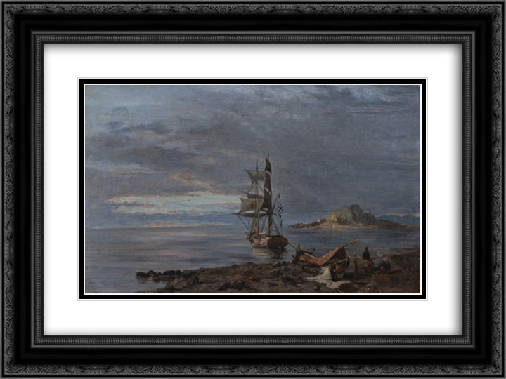 Greek frigate at anchor 24x18 Black Ornate Wood Framed Art Print Poster with Double Matting by Volanakis, Konstantinos