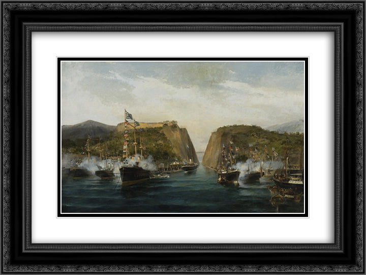 Inauguration of Corinth canal 24x18 Black Ornate Wood Framed Art Print Poster with Double Matting by Volanakis, Konstantinos
