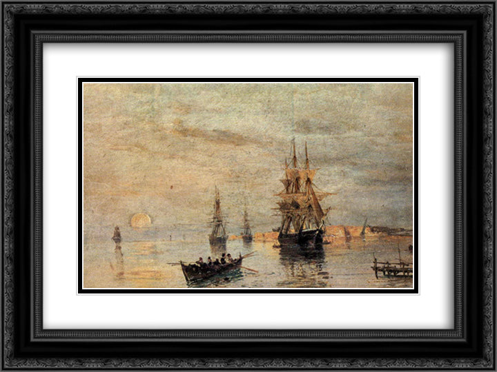 Sailing ships at dawn 24x18 Black Ornate Wood Framed Art Print Poster with Double Matting by Volanakis, Konstantinos