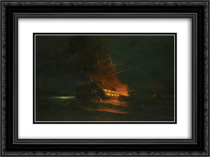 The burning of a Turkish frigate 24x18 Black Ornate Wood Framed Art Print Poster with Double Matting by Volanakis, Konstantinos