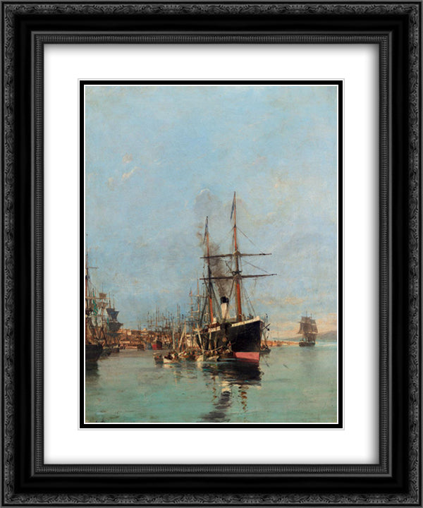 The port of Piraeus 20x24 Black Ornate Wood Framed Art Print Poster with Double Matting by Volanakis, Konstantinos