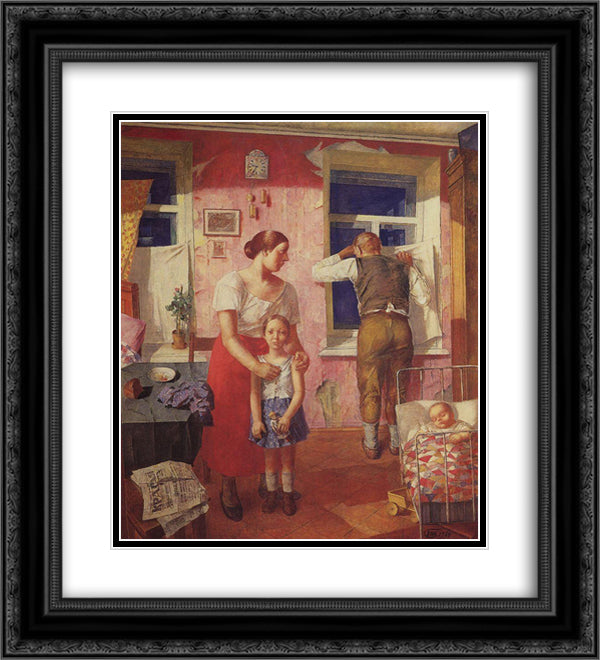 1919. Alarm 20x22 Black Ornate Wood Framed Art Print Poster with Double Matting by Petrov Vodkin, Kuzma