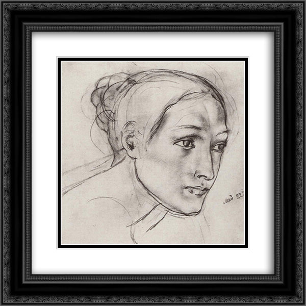 Female head 20x20 Black Ornate Wood Framed Art Print Poster with Double Matting by Petrov Vodkin, Kuzma