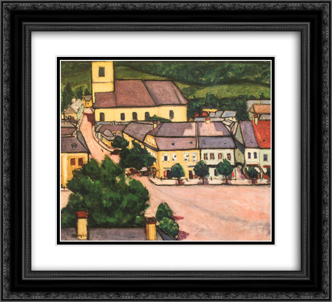 Main Square in Nagybanya 22x20 Black Ornate Wood Framed Art Print Poster with Double Matting by Tihanyi, Lajos