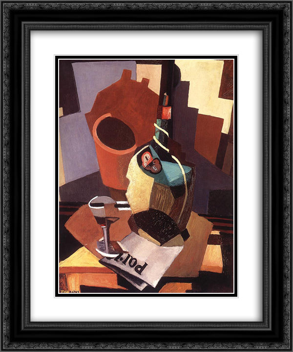 Still-life with Bottle and Glass 20x24 Black Ornate Wood Framed Art Print Poster with Double Matting by Tihanyi, Lajos