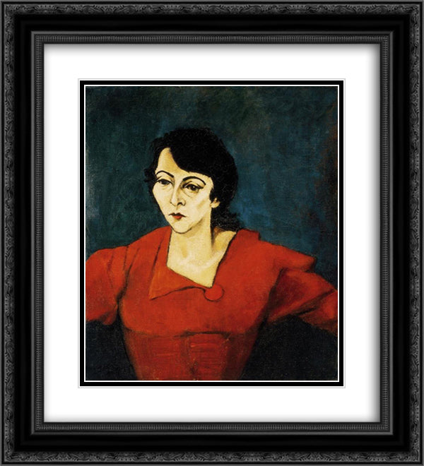 Woman in Red with Green Background 20x22 Black Ornate Wood Framed Art Print Poster with Double Matting by Tihanyi, Lajos
