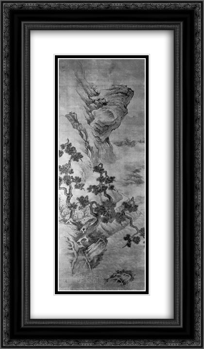 Landscape with a Precipitous River-bank with Gnarled Pines and Three Men 14x24 Black Ornate Wood Framed Art Print Poster with Double Matting by Ying, Lan