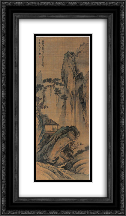 Watching Waterfall 14x24 Black Ornate Wood Framed Art Print Poster with Double Matting by Ying, Lan