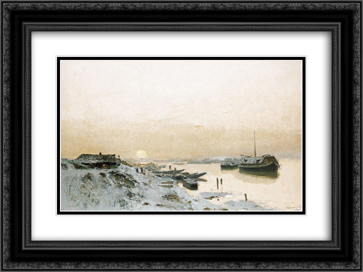 Sunrise in the Snowy Riverside 24x18 Black Ornate Wood Framed Art Print Poster with Double Matting by Mednyanszky, Laszlo