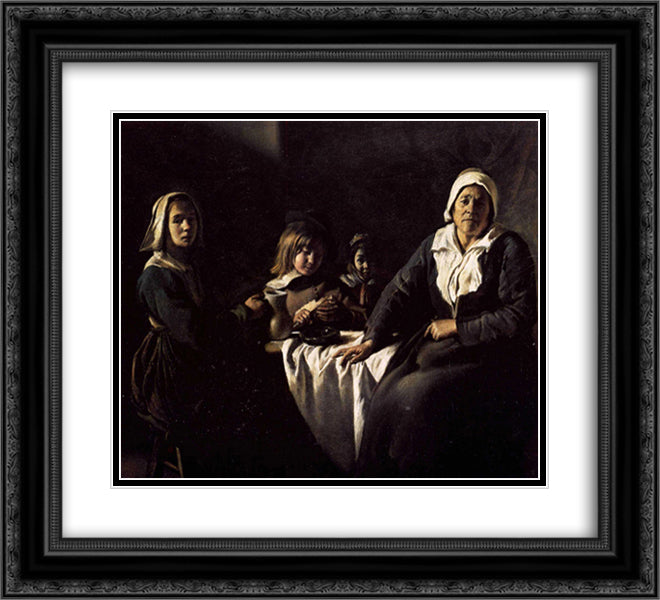 Four Figures at Table 22x20 Black Ornate Wood Framed Art Print Poster with Double Matting by Le Nain brothers