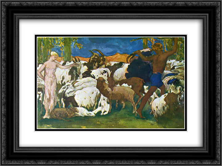 Daphnis and Chloe bidding each other goodnight (Design for a decorative panel) 24x18 Black Ornate Wood Framed Art Print Poster with Double Matting by Bakst, Leon