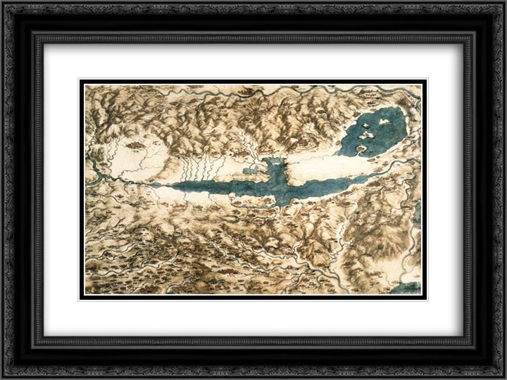Bird's Eye View of a Landscape 24x18 Black Ornate Wood Framed Art Print Poster with Double Matting by da Vinci, Leonardo