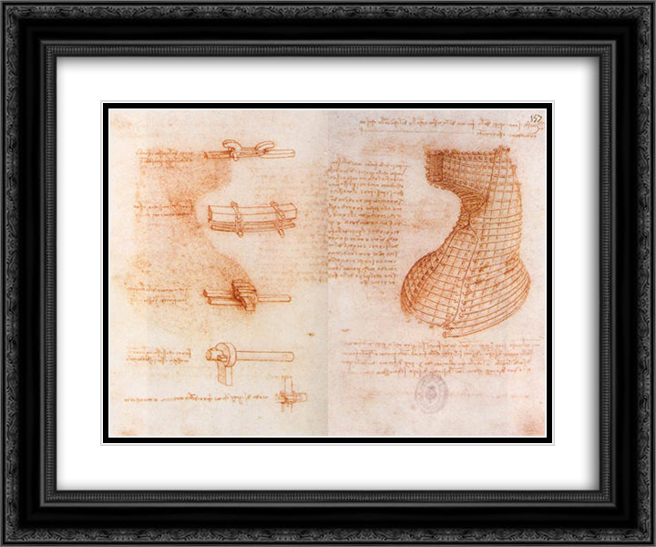 Double manuscript page on the Sforza monument (Casting mold of the head and neck) 24x20 Black Ornate Wood Framed Art Print Poster with Double Matting by da Vinci, Leonardo