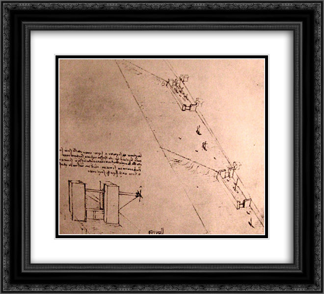 Drawing of locks on a river 22x20 Black Ornate Wood Framed Art Print Poster with Double Matting by da Vinci, Leonardo