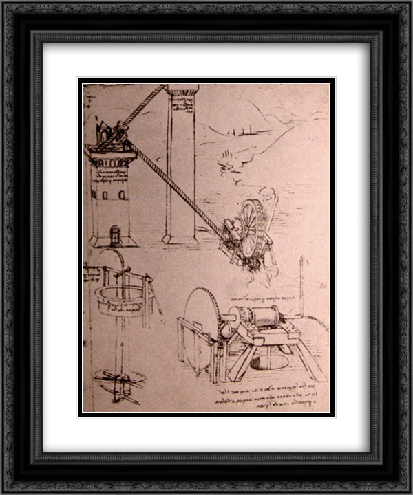 Drawings of machines 20x24 Black Ornate Wood Framed Art Print Poster with Double Matting by da Vinci, Leonardo