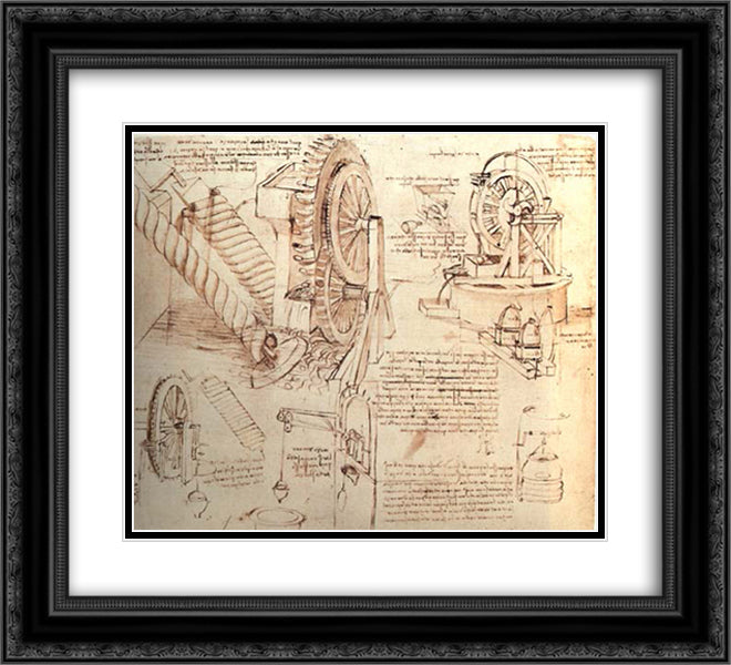 Drawings of Water Lifting Devices 22x20 Black Ornate Wood Framed Art Print Poster with Double Matting by da Vinci, Leonardo