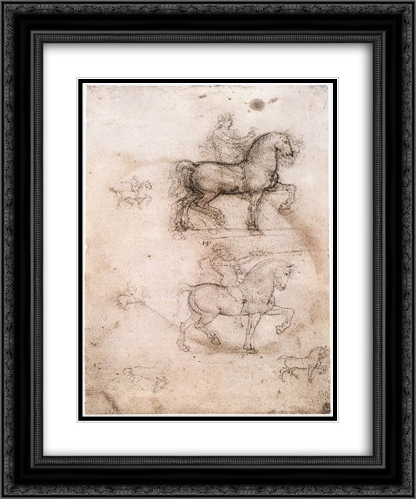 Equestrian monument 20x24 Black Ornate Wood Framed Art Print Poster with Double Matting by da Vinci, Leonardo