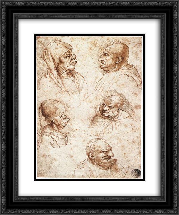 Five caricature heads 20x24 Black Ornate Wood Framed Art Print Poster with Double Matting by da Vinci, Leonardo