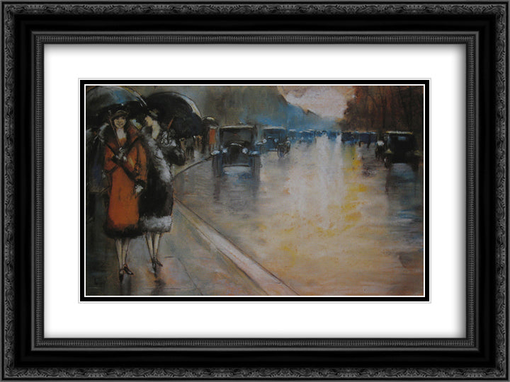 Berliner Strasse mit Droschken in Regen 24x18 Black Ornate Wood Framed Art Print Poster with Double Matting by Ury, Lesser